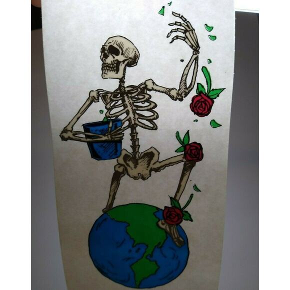 Grateful Dead Car Window Decal 1980s Skeleton Sprinkles Roses Over World Globe - Picture 1 of 6